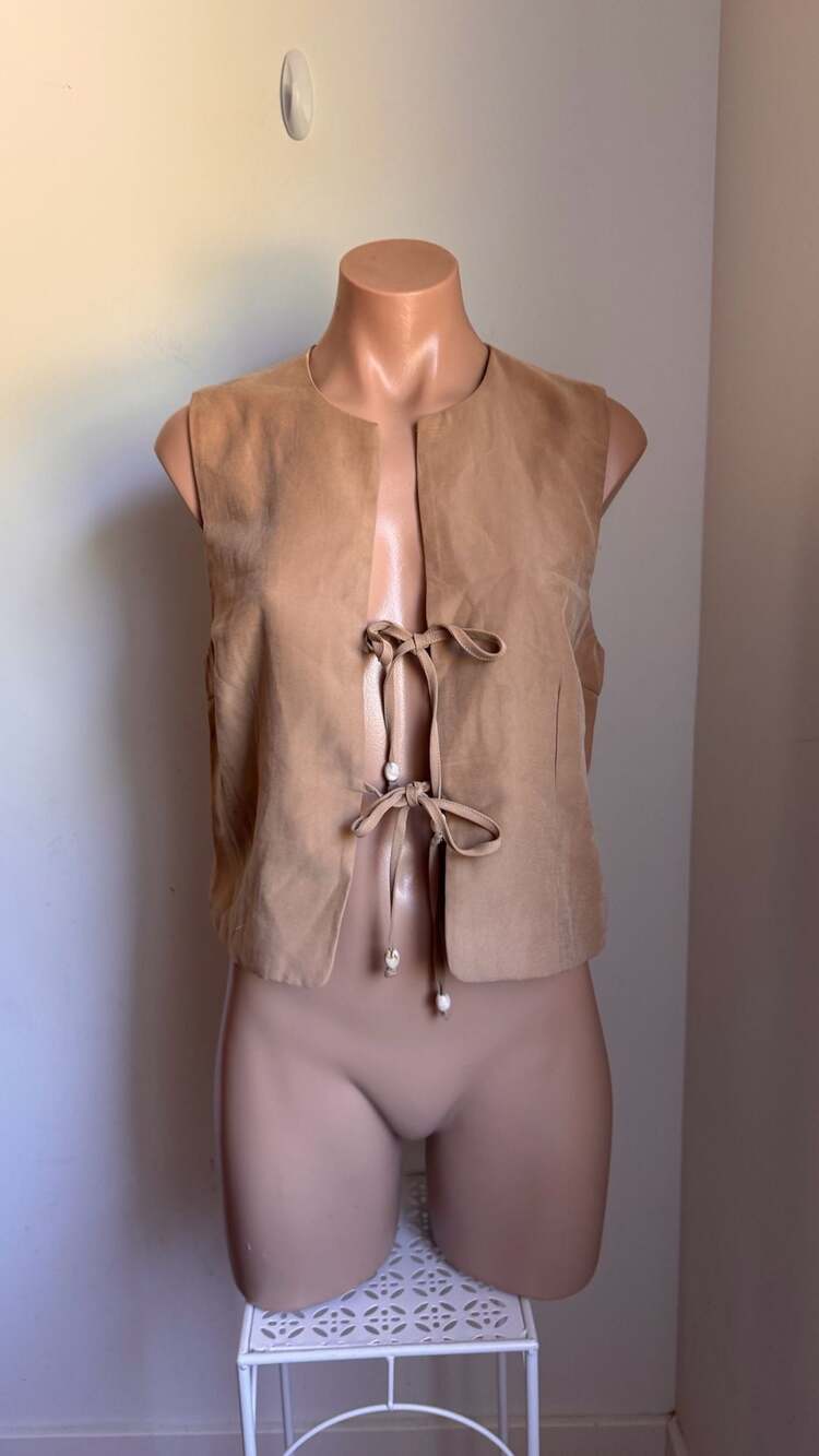Christian Lacroix Tan Sleeveless Tie-Front Crop Vest size Medium